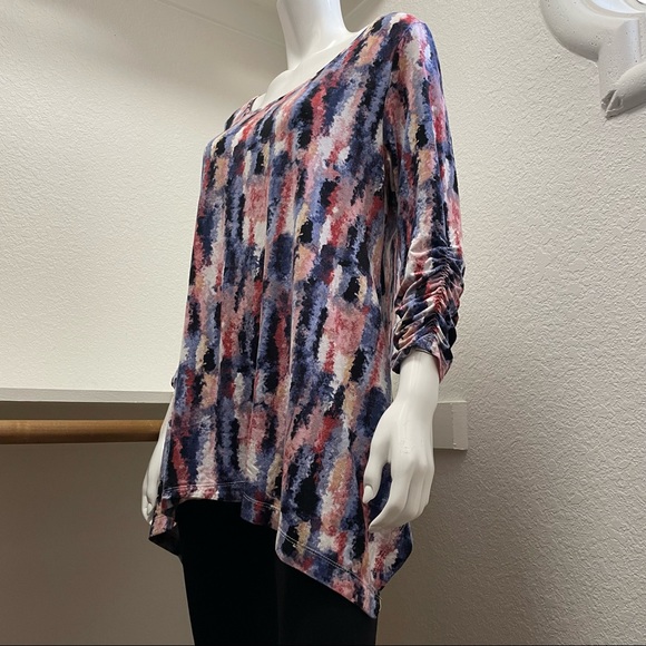 Philosophy Paint Block Print|Ruched Sleeves|Asymmetrical Hemline Tunic Top Sz XL - Picture 2 of 6